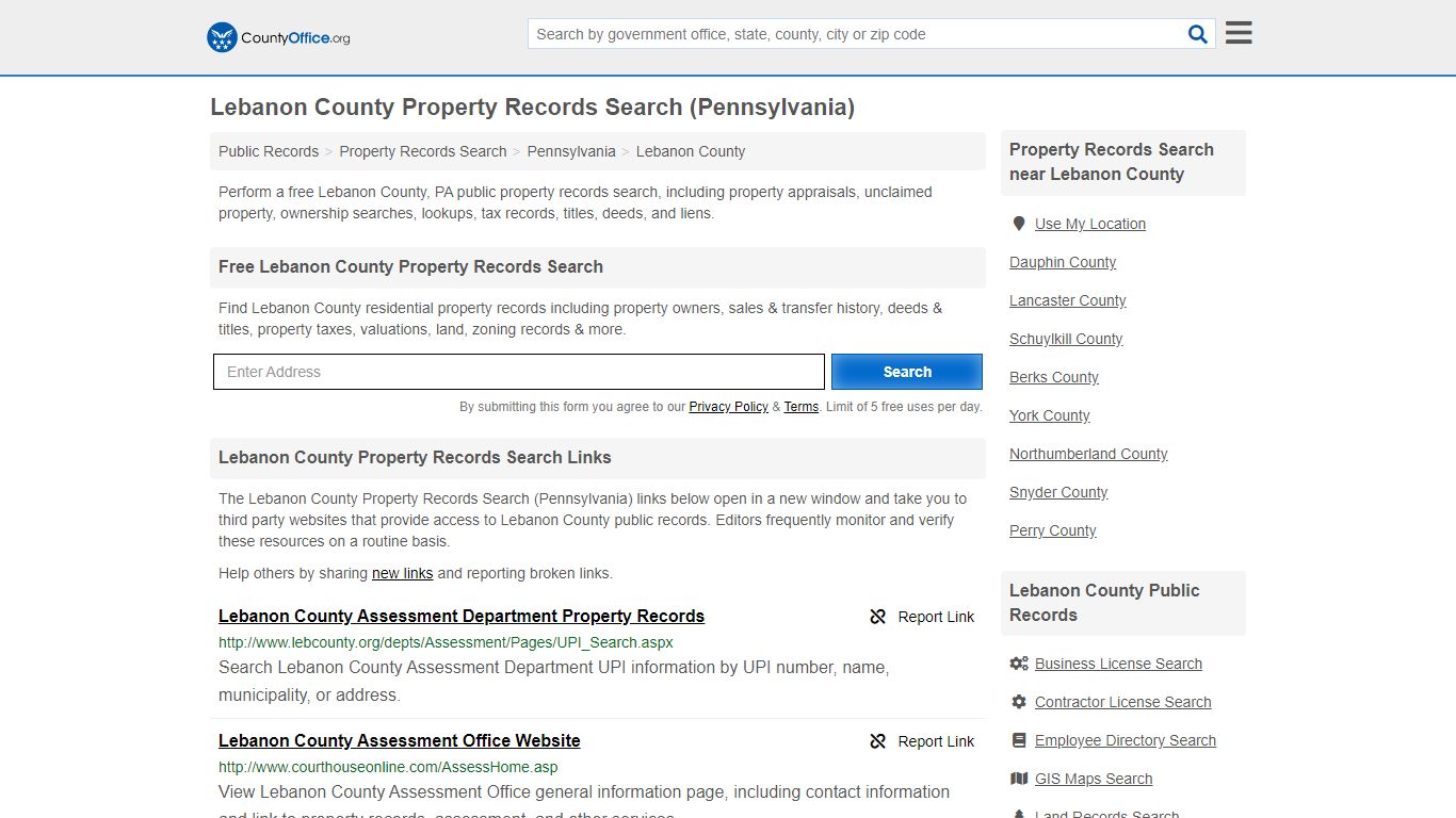 Property Records Search - Lebanon County, PA (Assessments ...